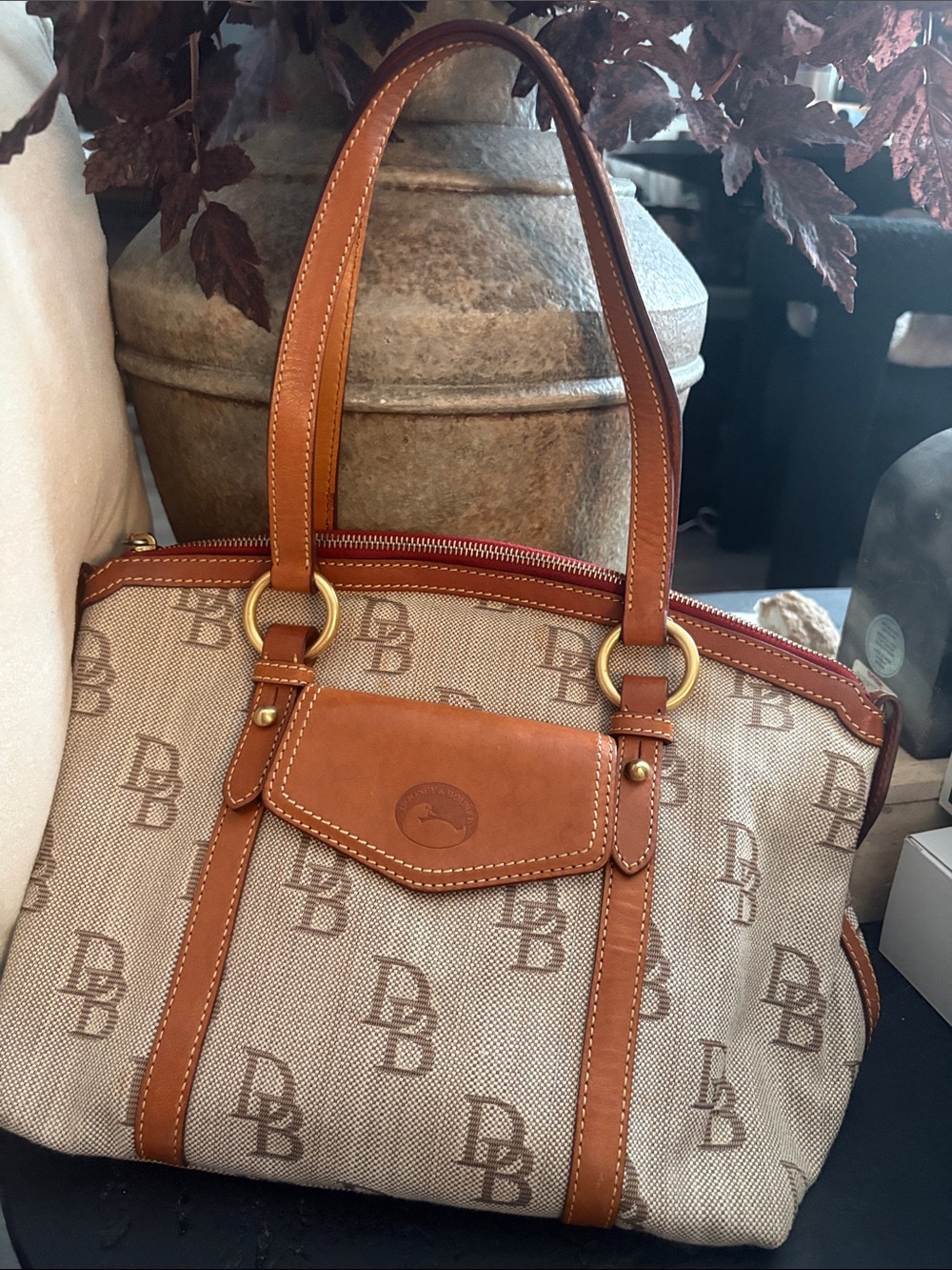 Dooney & Bourke Tan and Beige DB Logo Shoulder Bag